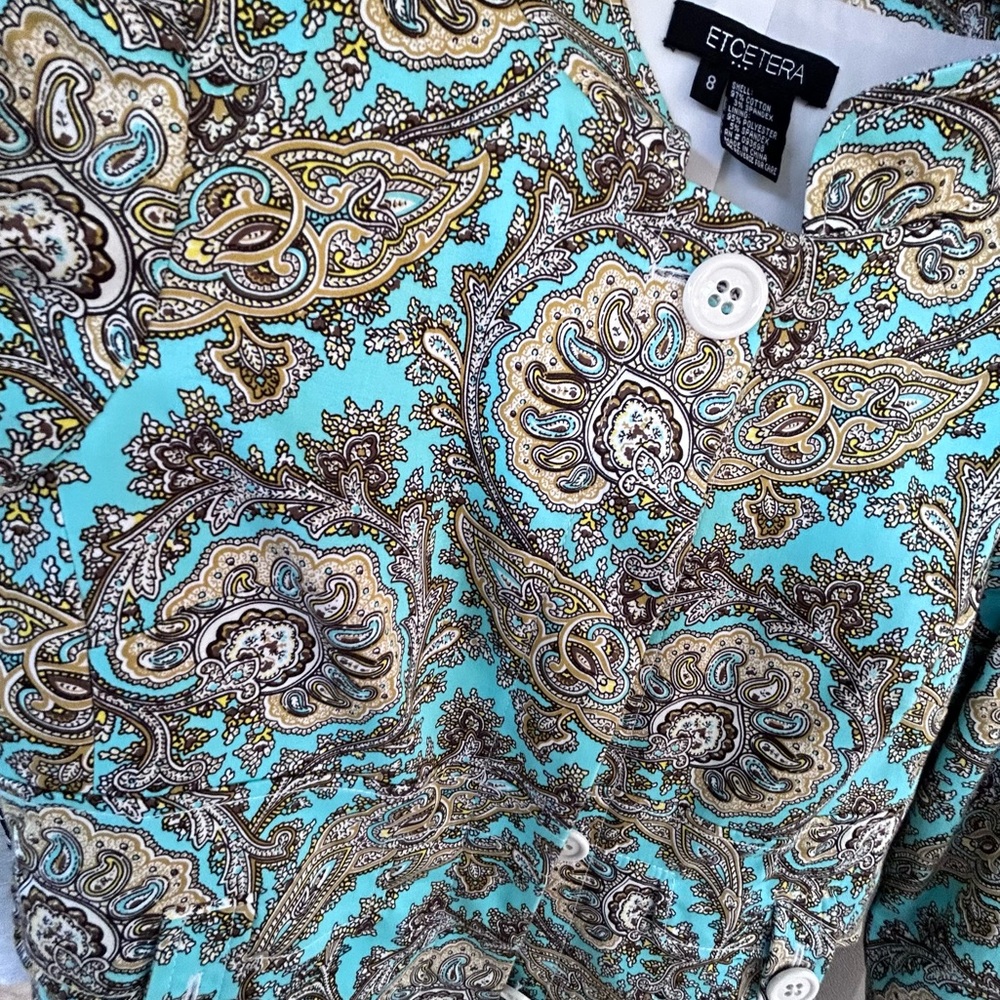 Etcetera Long Jacket Women’s Sz 8 Turquoise Brown Front Button EUC - Picture 6 of 10